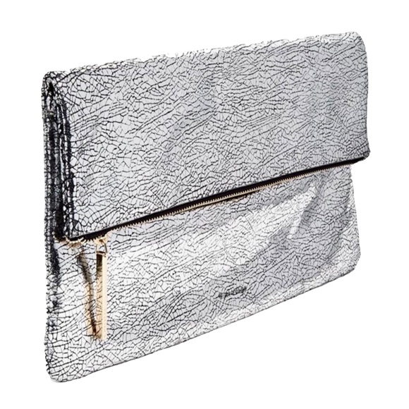 WHISTLES Cracked Leather Fold Over Clutch Silver Metallic - Picture 2 of 5